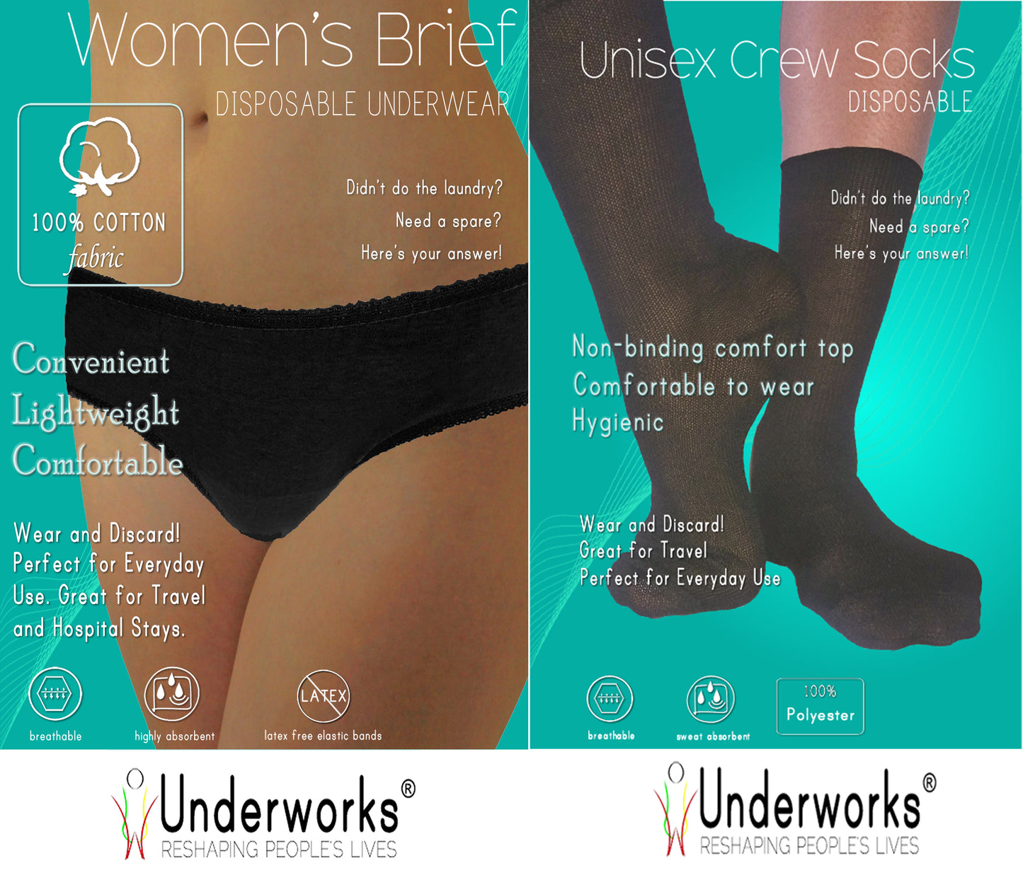 Underworks Combo - Women Disposable Underwear: Disposable Panties and Crew Socks - 10-Pack