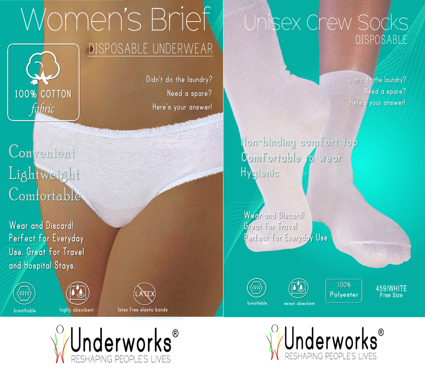 Underworks Combo - Women Disposable Underwear: Disposable Panties and Crew Socks - 10-Pack