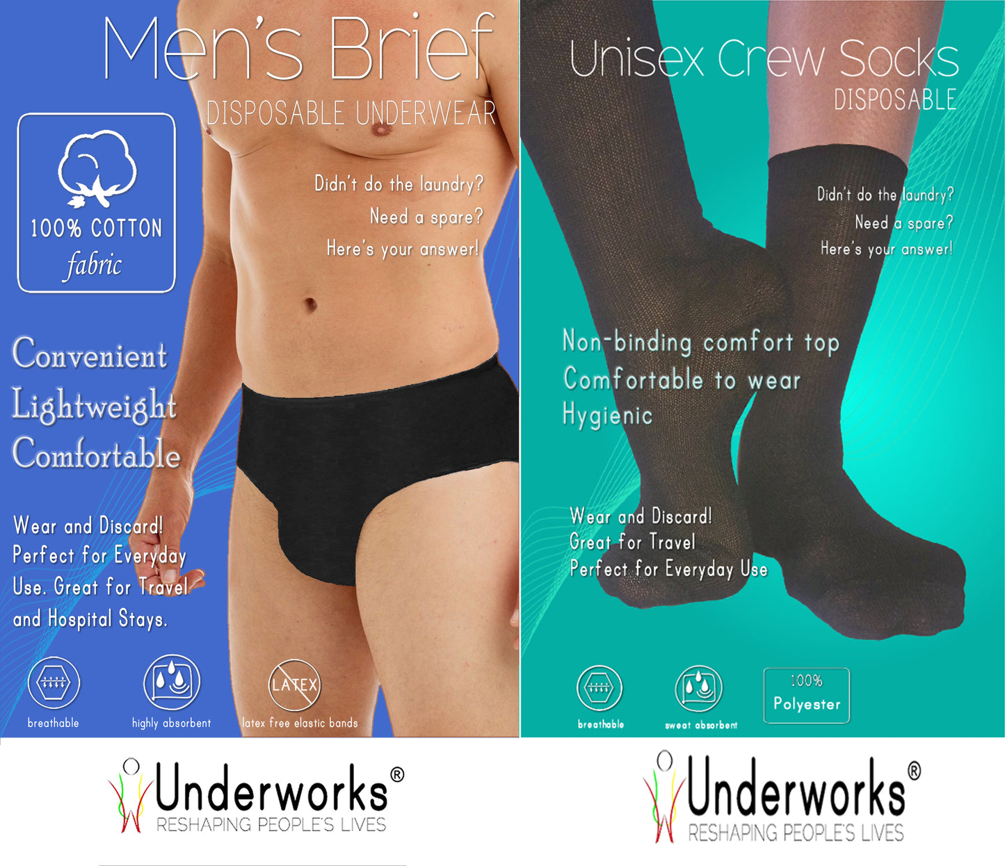 Underworks Combo - Men's Disposable Underwear Briefs and Crew Socks - 10-Pack