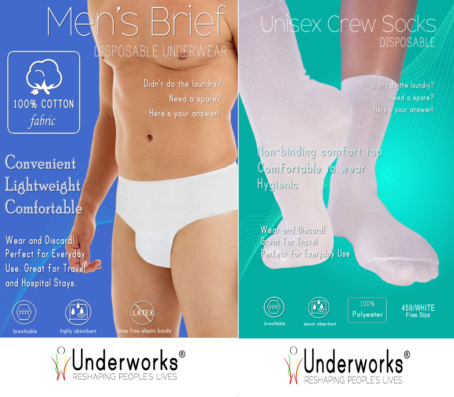 Underworks Combo - Men's Disposable Underwear Briefs and Crew Socks - 10-Pack