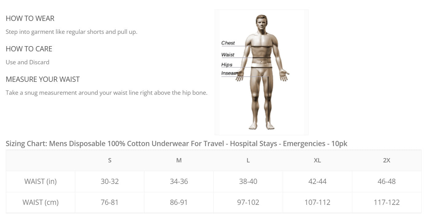 Underworks Mens Disposable 100% Cotton Underwear For Travel - Hospital Stays - Emergencies - 10pk